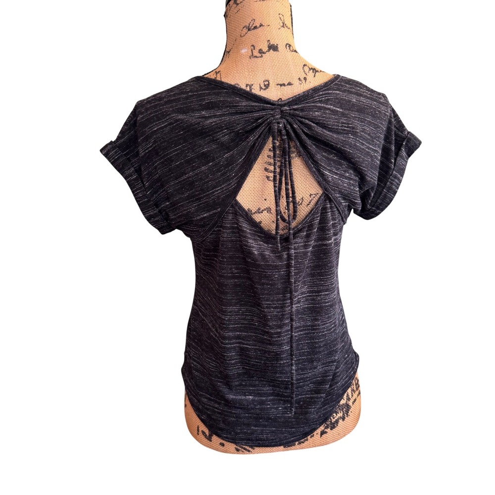 IZ Byer Space Dye Open Back Tie V-Neck Cuffed Short Sleeve Top Charcoal Grey M